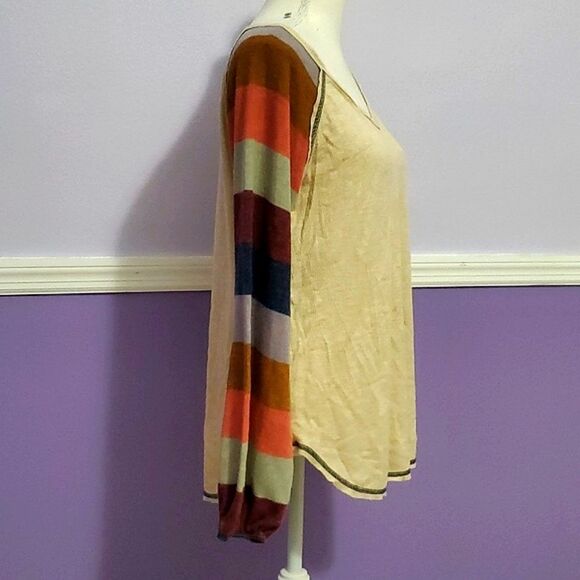 Twenty Ten Boho Trendy Tan & Striped Balloon Sleeves Flowy Waffle Sweater Top - Picture 5 of 9